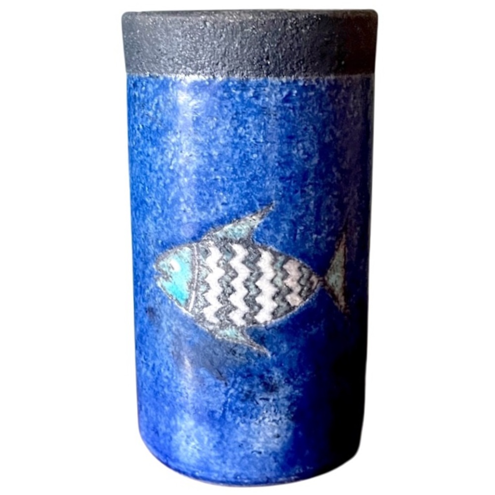 Mid Century Italian Vase Vintage Ceramic Spill Vase MCM Pottery Italy Blue Fish